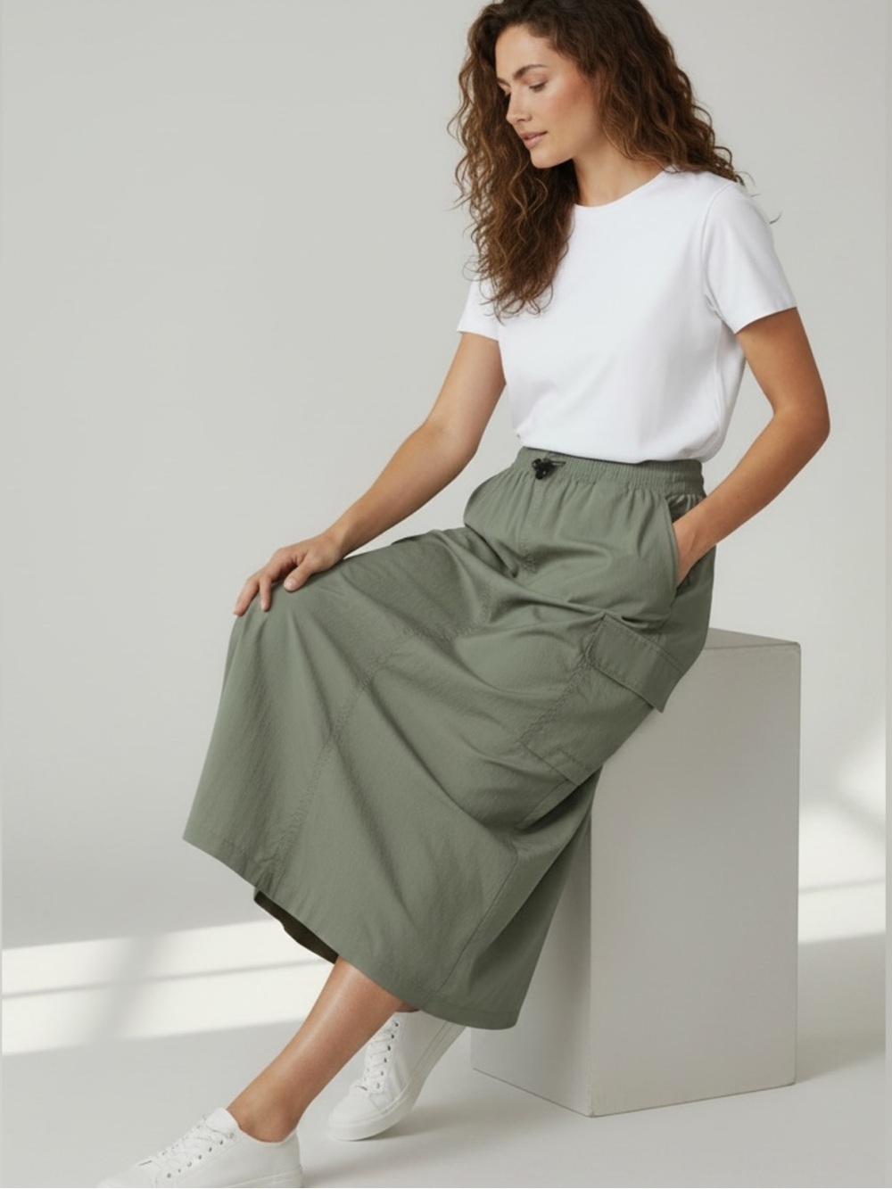 Frank Stone Olive Green Maxi Cargo Skirt with Drawstring Waist - Picture 14 of 14